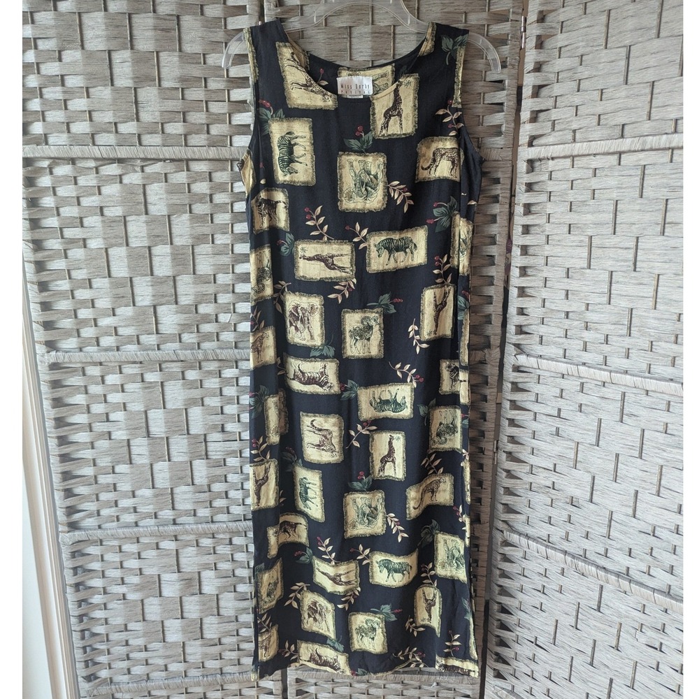 Vtg 90s Miss Dorby Midi Dress Black Safari Animal Print Sleeveless 8P